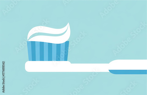 Stylized illustration of a white and blue toothbrush with a perfect wave of white toothpaste on the bristles, set against a solid light blue backgrou