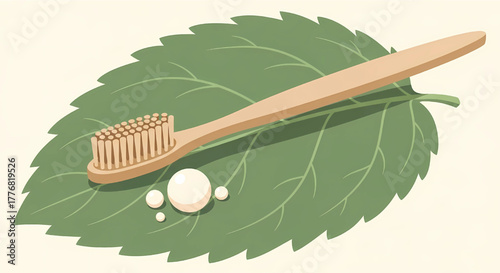 Illustration of an eco-friendly wooden toothbrush resting on a large green leaf, with small white drops of liquid or paste nearby, emphasizing natural oral care.