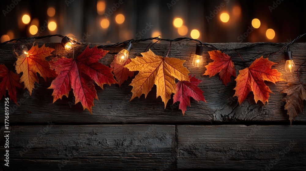 Obraz premium Autumn maple leaves and fairy lights decoration on rustic wooden wall