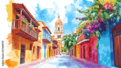 Cartagena Old Town. Cartagena Old Town hand drawn watercolor illustration