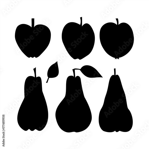 Minimalist set of black fruit silhouettes apples and pears on a white background. Perfect for use in design, illustrations, templates, packaging, educational materials, and vector graphics.