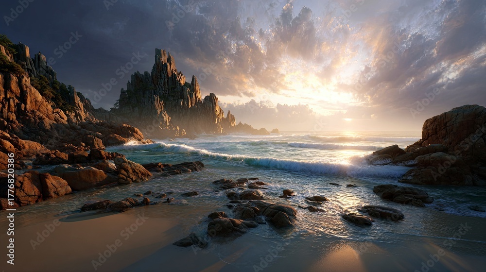 Obraz premium Scenic Mountain Coastal Landscape During Sunset with Rocky Shore and Dramatic Sky