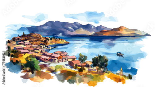 Lake Titicaca - Puno. Lake Titicaca - Puno hand drawn watercolor illustration