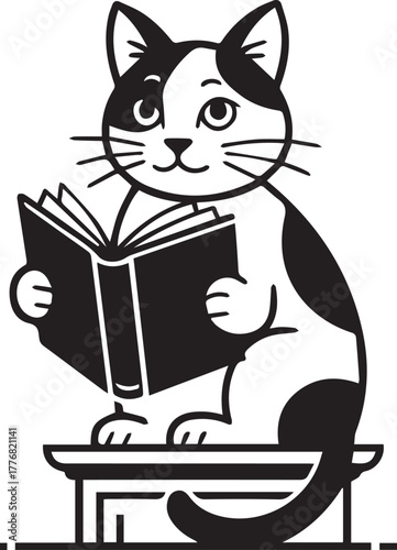 “Cute Reading Cat Illustration Vector”