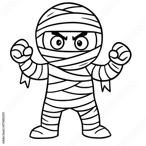 Spooky mummy cartoon character with angry expression ready to scare for Halloween themed designs or coloring books, scalable graphic
