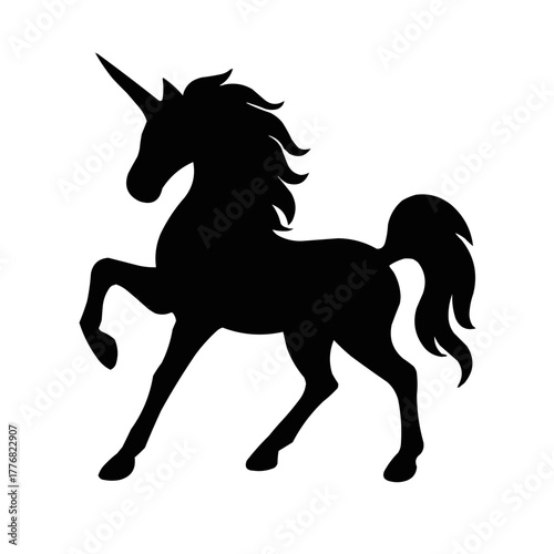 Elegant unicorn silhouette prancing with magical grace, perfect for branding, invitations, or fantasy themed designs, with clean vector lines and strong impact