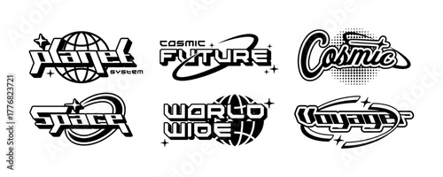 Retro-futuristic Y2K vector text logos with space and cyber themes. Perfect for streetwear, apparel prints, covers, and digital branding.