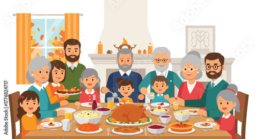 Flat vector of multi-generational family gathered around a Thanksgiving dinner table with turkey centerpiece, celebrating gratitude and love in warm autumn tones