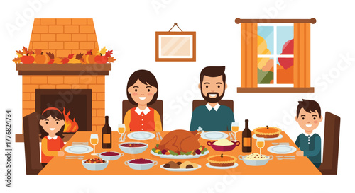 Flat vector of multi-generational family gathered around a Thanksgiving dinner table with turkey centerpiece, celebrating gratitude and love in warm autumn tones