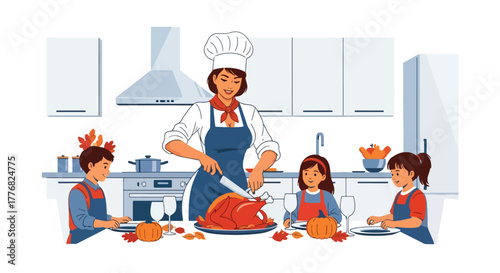 Flat vector of mother cooking Thanksgiving meal together in kitchen with her children, teamwork and love theme in cozy autumn setting