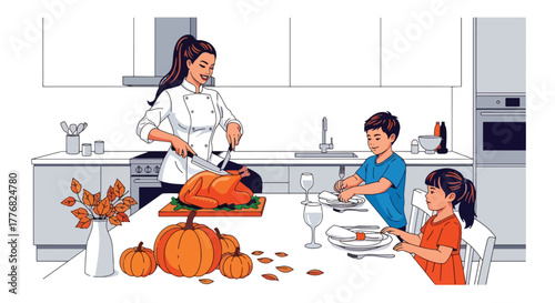 Flat vector of mother cooking Thanksgiving meal together in kitchen with her children, teamwork and love theme in cozy autumn setting