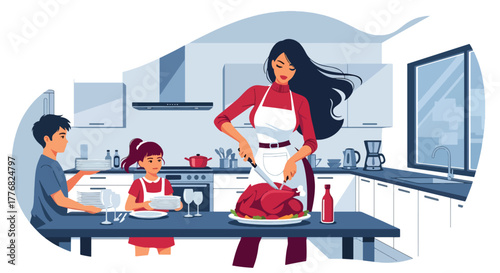 Flat vector of mother cooking Thanksgiving meal together in kitchen with her children, teamwork and love theme in cozy autumn setting