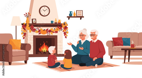 Flat vector of grandparents telling stories to children near fireplace decorated with pumpkins and autumn garland, warmth and family connection