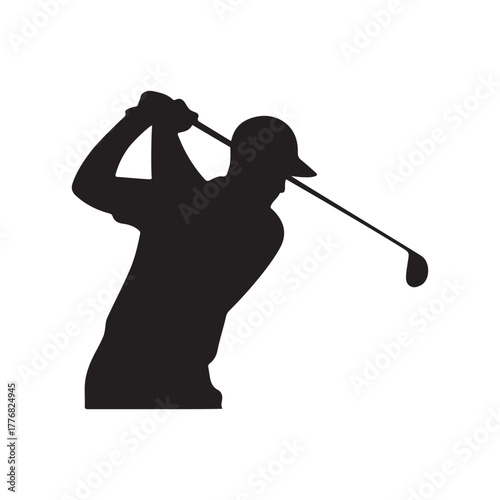 Golfer Swing Silhouette Icon – Man Playing Golf with Club in Action Pose Isolated on White Background