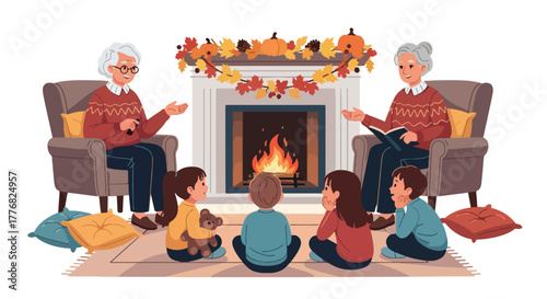 Flat vector of grandparents telling stories to children near fireplace decorated with pumpkins and autumn garland, warmth and family connection
