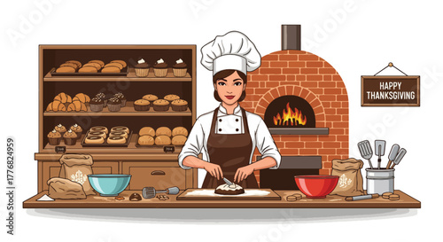 Flat vector of a baker filled with pies — pumpkin, pecan, apple — symbolizing Thanksgiving dessert tradition