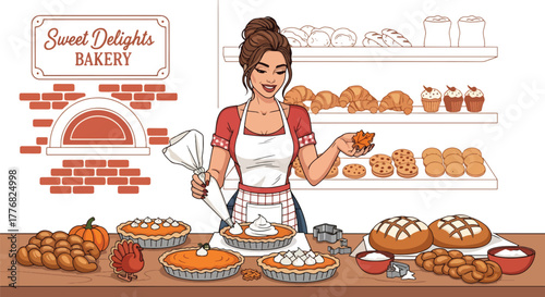 Flat vector of a baker filled with pies — pumpkin, pecan, apple — symbolizing Thanksgiving dessert tradition
