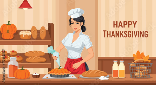 Flat vector of a baker filled with pies — pumpkin, pecan, apple — symbolizing Thanksgiving dessert tradition