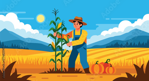 Flat vector of farmer harvesting pumpkins and corn in golden autumn field, Thanksgiving harvest gratitude theme, solid vivid tones