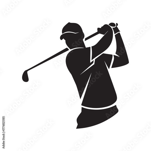 Golfer Swing Silhouette Icon – Man Playing Golf with Club in Action Pose Isolated on White Background