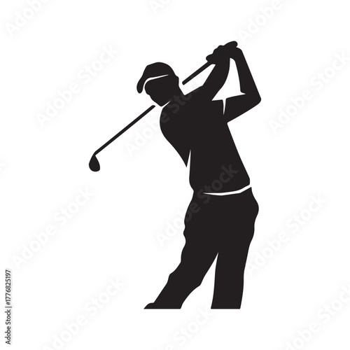 Golfer Swing Silhouette Icon – Man Playing Golf with Club in Action Pose Isolated on White Background