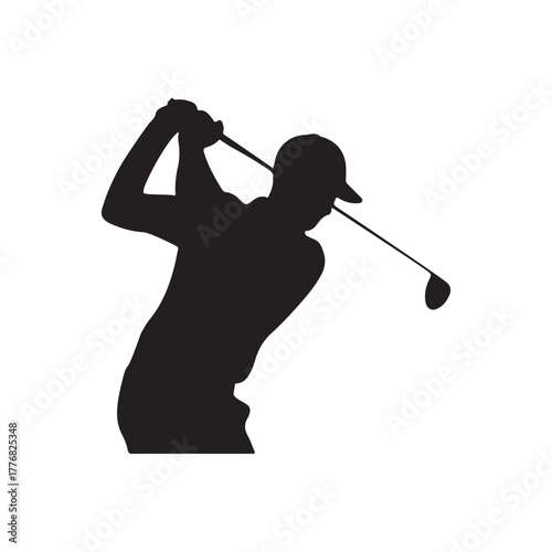 Golfer Swing Silhouette Icon – Man Playing Golf with Club in Action Pose Isolated on White Background