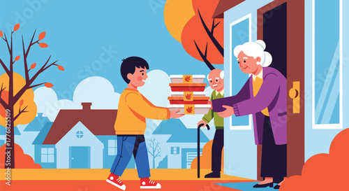 Flat vector of a kid delivering food boxes to elderly neighbors for Thanksgiving, kindness and care theme