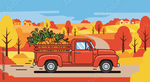 Flat vector of farmer driving truck full of pumpkins and corn on Thanksgiving morning, harvest gratitude theme
