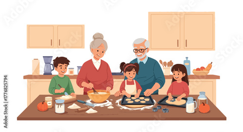 Flat vector of grandparents and kids baking pies and cookies for Thanksgiving, happy family kitchen moment with solid colors