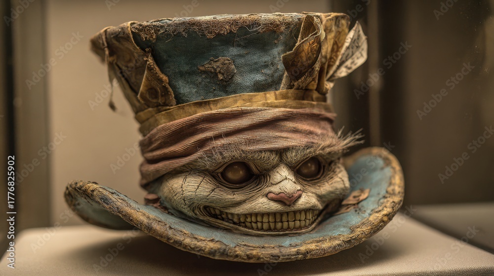 Obraz premium Eerie hat features a haunting face cleverly crafted with intricate details on display for visitors.