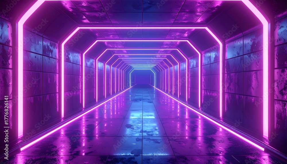 Fototapeta premium Lit, futuristic corridor with neon pink glow reflecting on floor and fading into depth with blue light