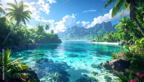 Fototapeta Naklejka Na Ścianę i Meble -  Lush tropical beach paradise view with turquoise water, palms and distant mountains under a partly cloudy blue sky