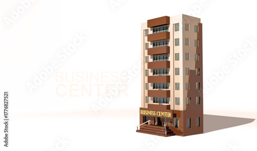 modern business center building with clean lines, beige-brown facade, and realistic shadows 3D Vector Illustration isolated on white background