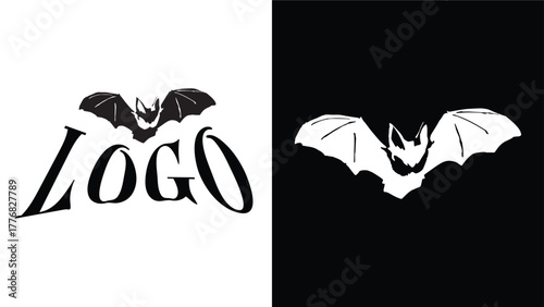 Realistic Black and White Bat Logo, Vintage Stamp Style Emblem, Retro Monochrome Design, Classic Animal Symbol, Vector Illustration for Branding and Fashion