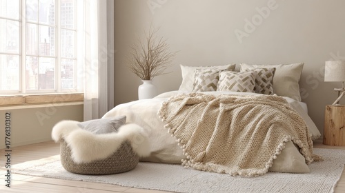 soft bedroom with cat bed near window, cozy throw blanket on floor, sunlight, calm neutral interior