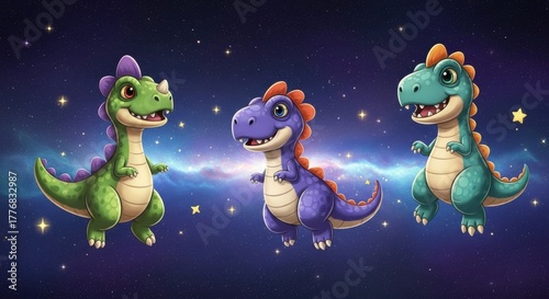 Fototapeta Naklejka Na Ścianę i Meble -  Three happy cartoon dinosaurs explore a colorful starry cosmic space