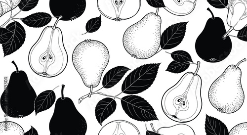 A repeating pattern of sliced and whole pears on branches with leaves in black and white.