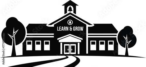 A stylized illustration of a school building with the words 'LEARN & GROW' above the entrance, representing education and childhood development.