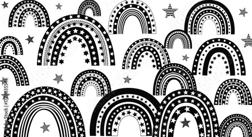 A whimsical arrangement of black and white rainbows and stars creates a graphic pattern background.