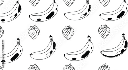 A repeating pattern of simple line art illustrations of bananas and strawberries fills the frame.