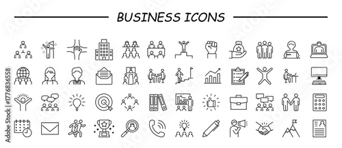 Office and Business Icons set. Vector illustration in modern thin line style of business related icons: teamwork, documents, devices, and more. Pictograms and infographics for mobile apps.