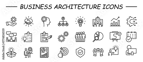 Business architecture icon collection set. Containing strategy, execution, management, execution, operations, service, planning icon. Simple line vector illustration.