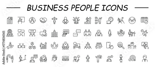 Vector set of linear icons related to business process, team work and human resources management. Mono line pictograms and infographics design elements