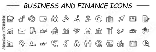 Finance and business line icons collection. Big UI icon set in a flat design. Thin outline icons pack. Vector illustration.