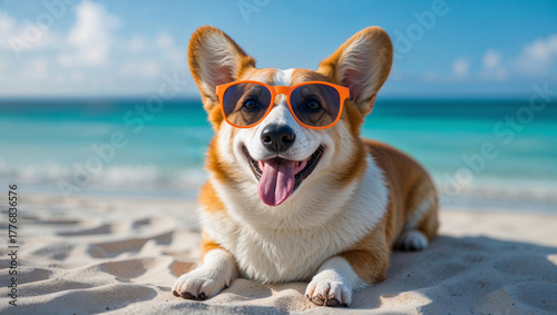 Happy corgi dog wearing sunglasses relaxing on a sandy beach
