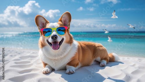 Happy corgi dog wearing sunglasses relaxing on a sandy beach