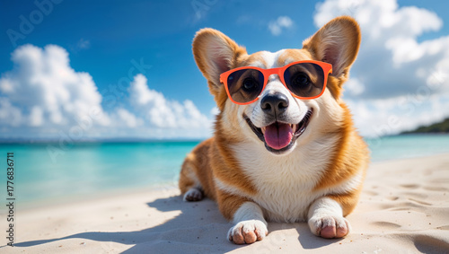 Happy corgi wearing sunglasses relaxing on a sunny beach