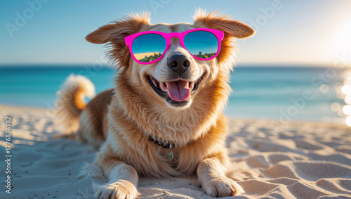 Happy dog wearing sunglasses relaxing on a sandy beach on a sunny day