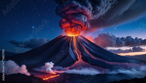 Dramatic volcano eruption at night with lava flow and starry sky