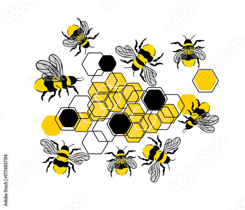 Bees and honeycombs, Bee Kids Vector, Honey Bee Vector, Bee Cartoon Image. hand drawn. Not AI, Vector illustration